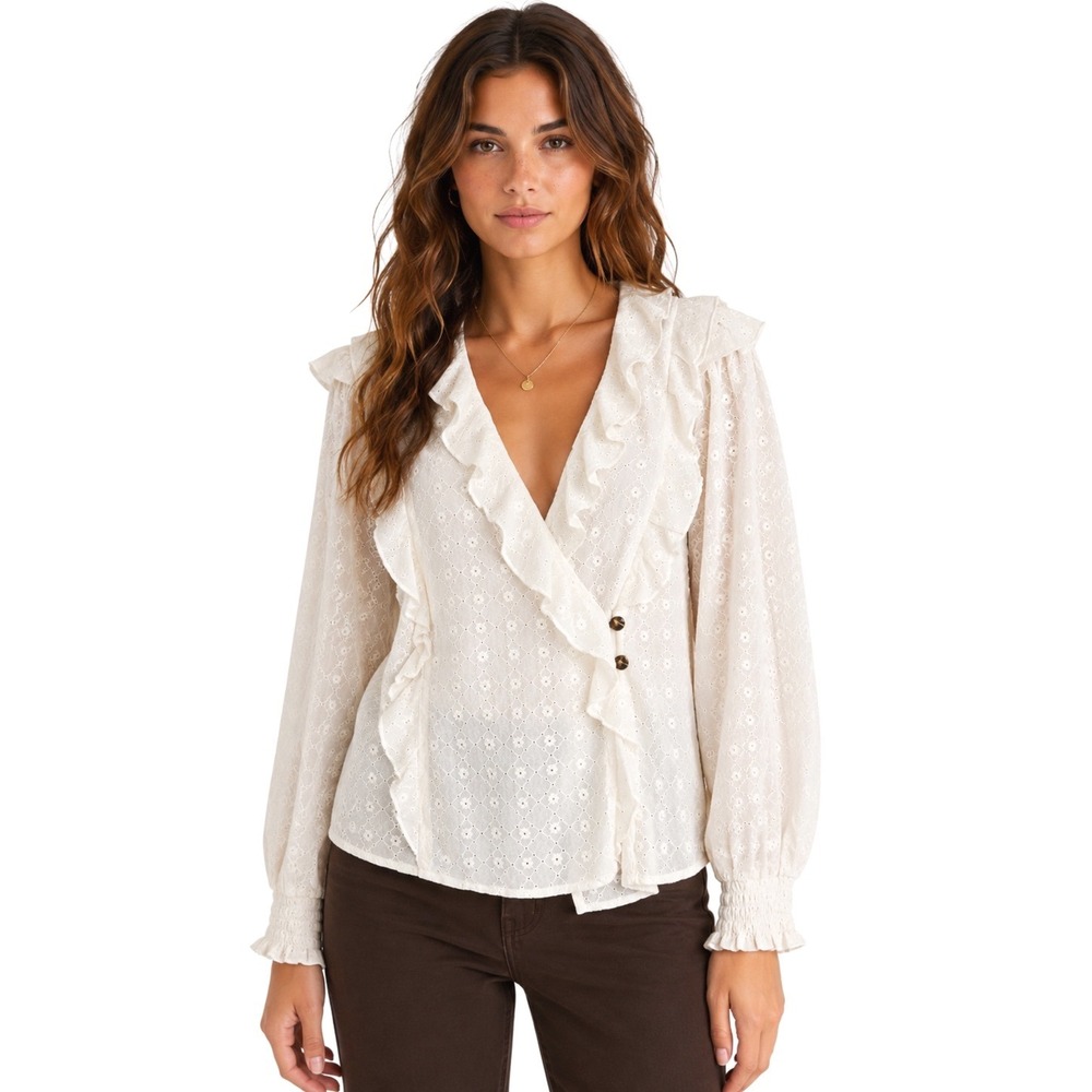 Maeve Anthropologie Laila Eyelet Ruffle Boho Blouse Ivory Cottagecore Size 8